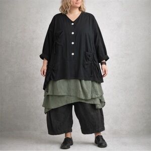 Kaliyana Lagenlook Jacket Linen Blend Oversized Cocoon Black Artwear Fit XL 2X